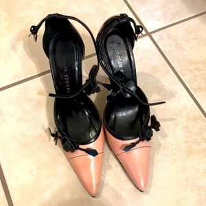 Pale rose with black ankle strap dressed heels.